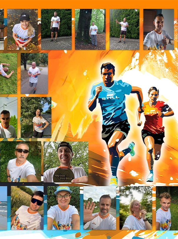 Collage of photos of participants in matching running shirts at a charity run, around an illustration of two runners in STILL shirts. One participant holds up a medal reading “You run, you help”.