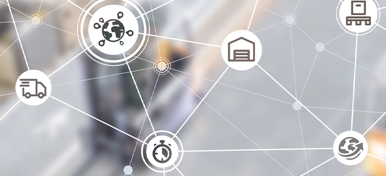A network of logistics icons, including a globe, a warehouse, trucks, a stopwatch, documents and a checklist, laid over a blurred photo of forklifts in a warehouse.