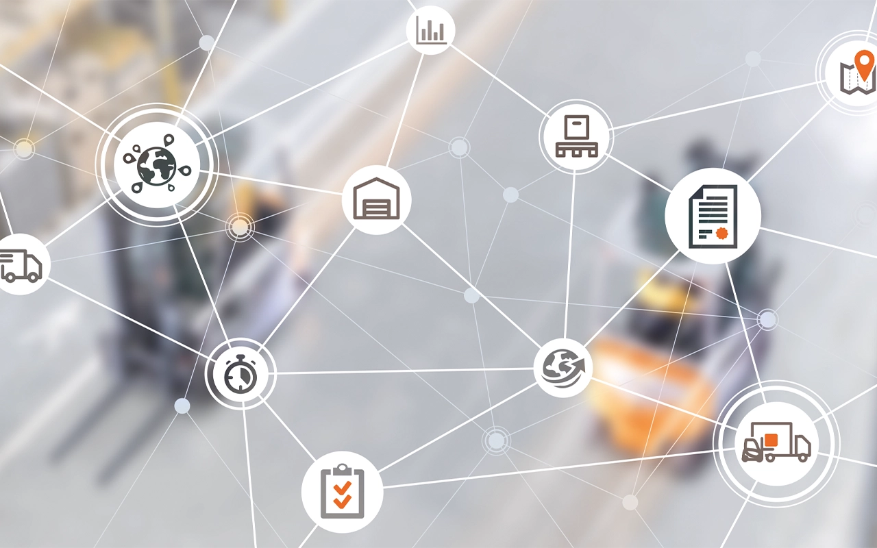 A network of logistics icons, including a globe, a warehouse, trucks, a stopwatch, documents and a checklist, laid over a blurred photo of forklifts in a warehouse.