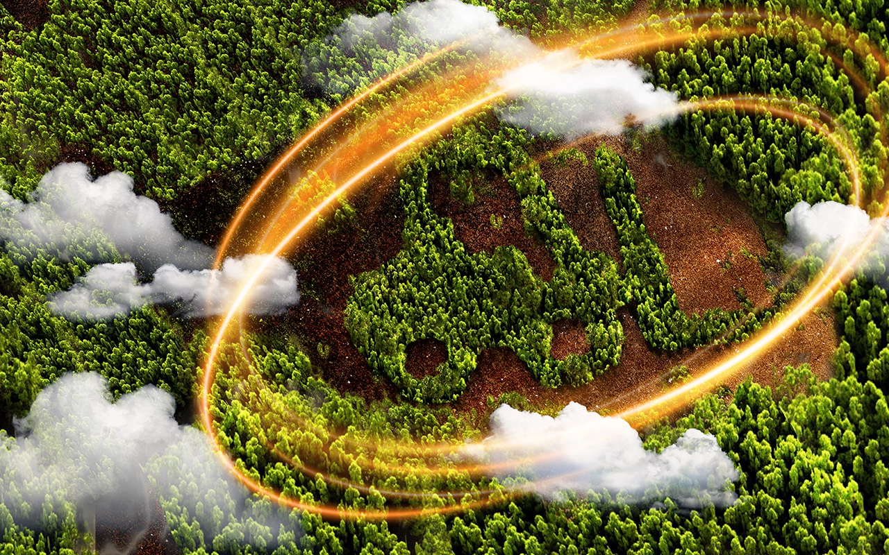 Aerial view of a forest with a forklift shape formed by trees in a clearing, encircled by glowing orange light rings and clouds.